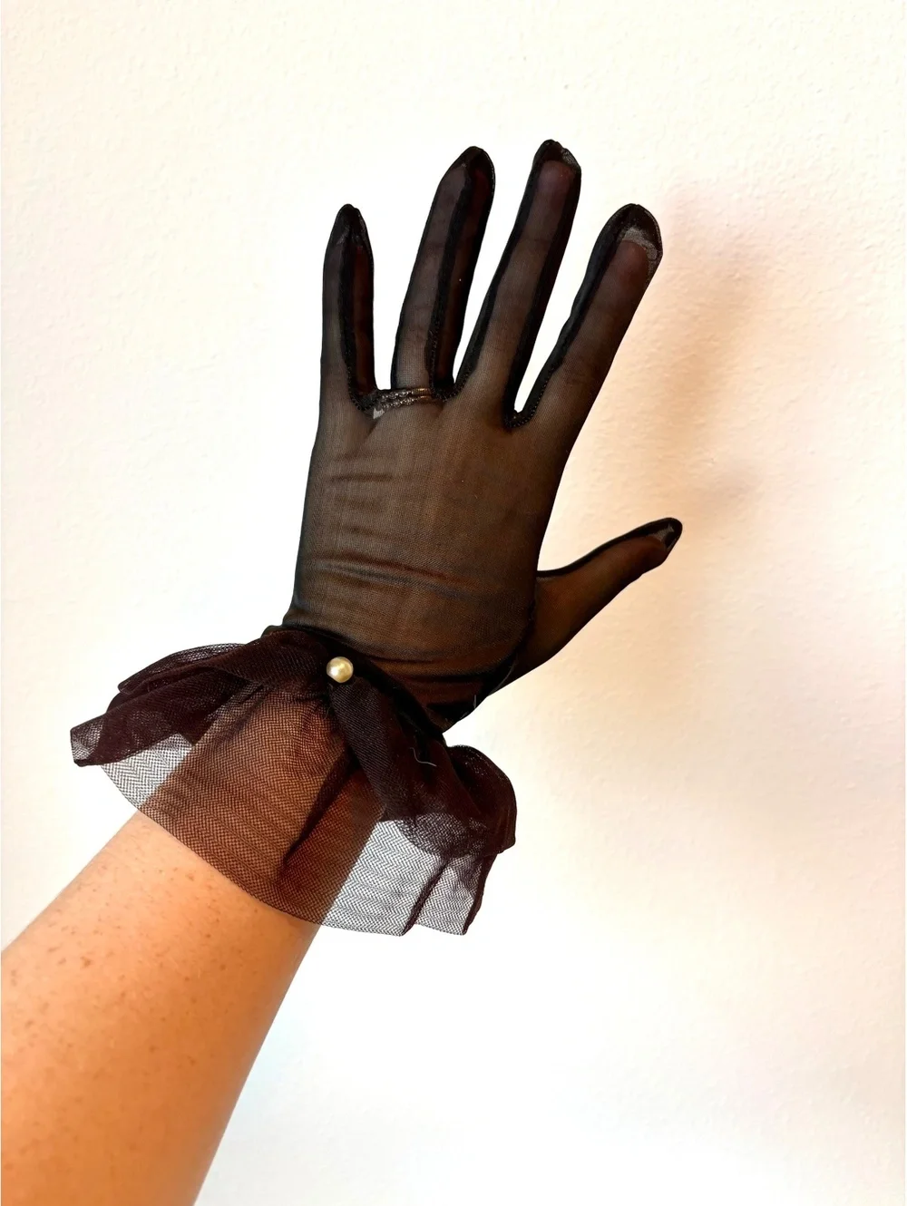 Vintage Black Sheer Nylon Gloves Tulle Ruffle Cuffs Faux Pearl Formal 1960s